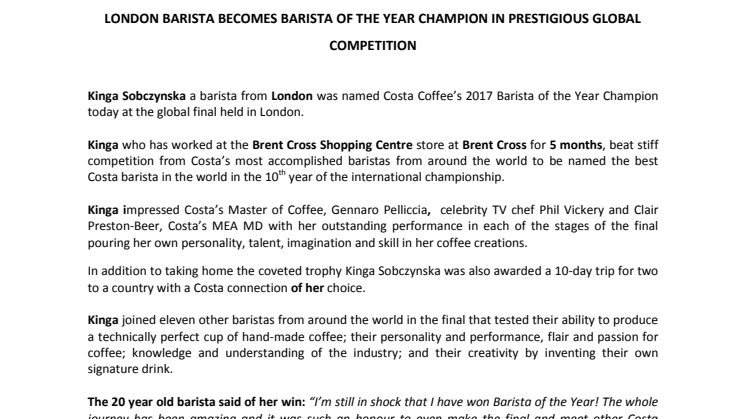 LONDON BARISTA BECOMES BARISTA OF THE YEAR CHAMPION IN PRESTIGIOUS GLOBAL COMPETITION