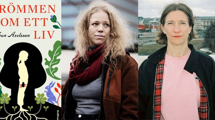 Omslag till Om ett liv av Sun Axelsson. Olivia Bergdahl, författare och Jenny Högström, projektledare för Göteborg läser.