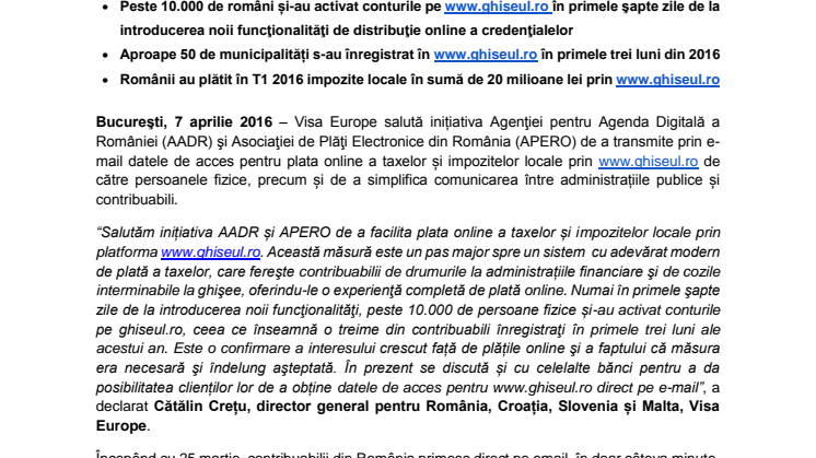 Visa Europe salută inițiativa AADR și APERO de a extinde platforma www.ghiseul.ro