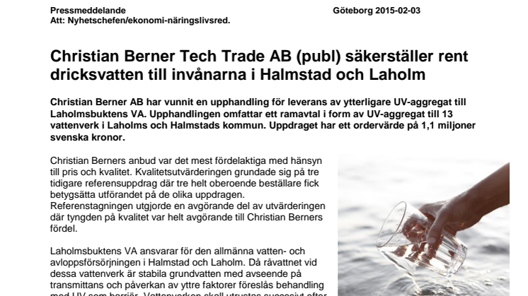 Christian Berner Tech Trade AB (publ) säkerställer rent dricksvatten till invånarna i Halmstad och Laholm