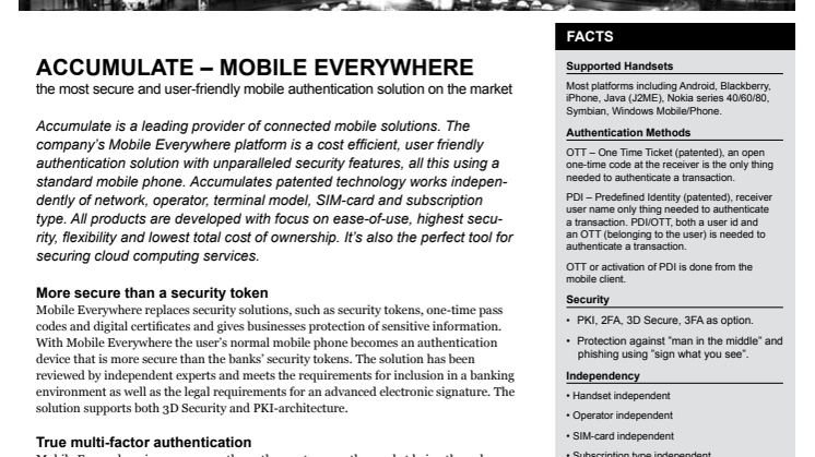 Accumulate - Mobile Authentication, fact sheet