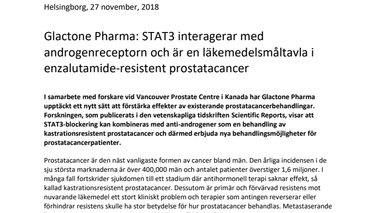 Glactone Pharma: STAT3 interagerar med androgenreceptorn och är en läkemedelsmåltavla i enzalutamide-resistent prostatacancer