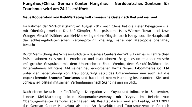 Norddeutsches Zentrum für Tourismus und Investitionen in Hangzhou/China eröffnet