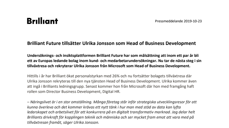 Brilliant Future tillsätter Ulrika Jonsson som Head of Business Development 