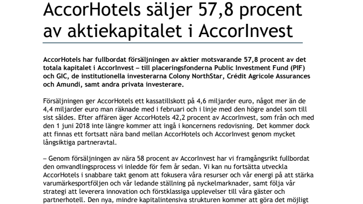 AccorHotels säljer 57,8 procent av aktiekapitalet i AccorInvest