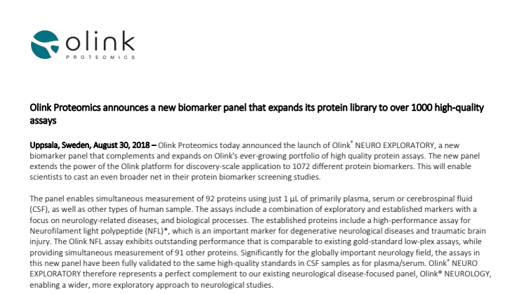 Olink Proteomics announces a new biomarker panel that expands its protein library to over 1000 high-quality assays