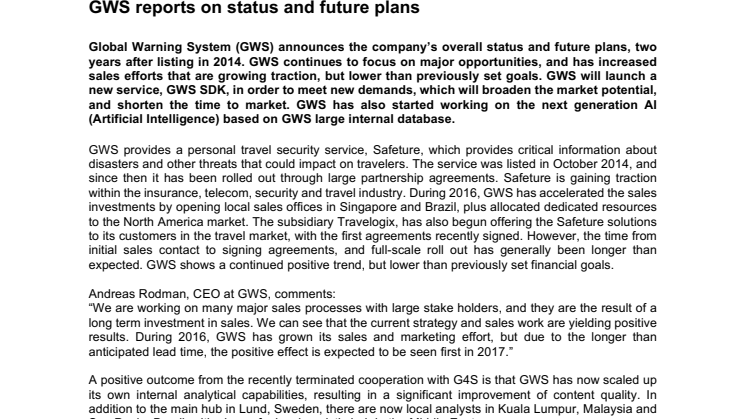 GWS reports on status and future plans