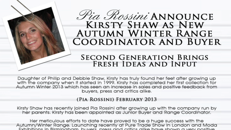 Pia Rossini Announce Kirsty Shaw as New Autumn Winter Range Coordinator and Buyer | Second Generation Brings Fresh Ideas and Input