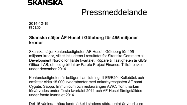 Skanska säljer ÅF-Huset i Göteborg för 495 miljoner kronor