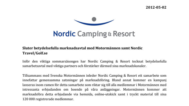 Nordic Camping & Resort sluter betydelsefulla marknadsavtal med Motormännen samt Nordic Travel/Golf.se