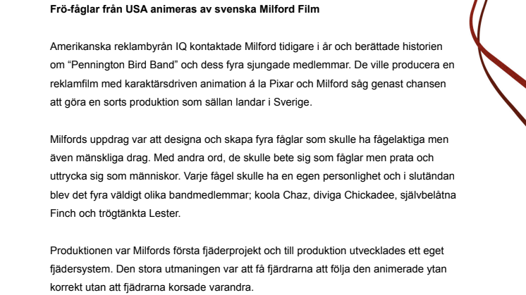 Frö-fåglar från USA animeras av svenska Milford Film