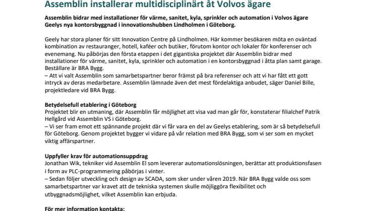 Assemblin installerar multidisciplinärt åt Volvos ägare