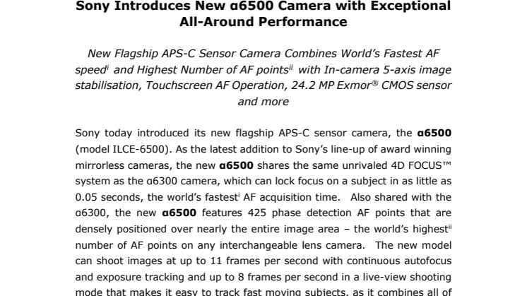Sony introducerer det nye α6500 – et kamera med enestående ydeevne