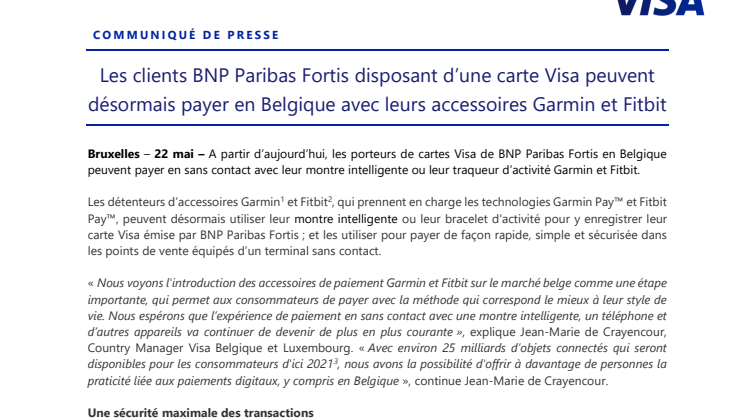 Les clients BNP Paribas Fortis disposant d’une carte Visa peuvent désormais payer en Belgique avec leurs accessoires Garmin et Fitbit