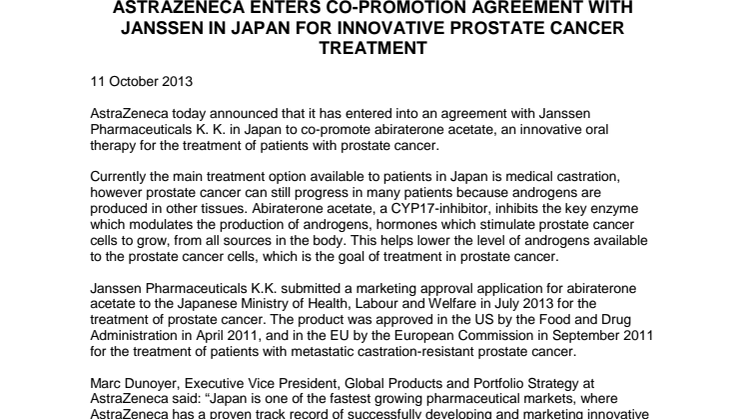 AstraZeneca ingår avtal med Janssen i Japan om gemensam marknadsföring av innovativ prostatacancerbehandling 