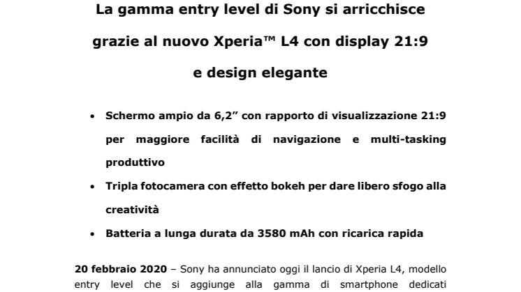 La gamma entry level di Sony si arricchisce grazie al nuovo Xperia™ L4 con display 21:9  e design elegante 