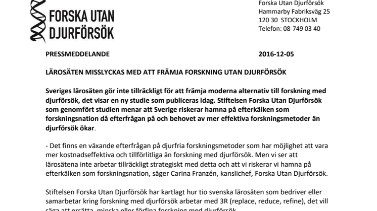 Lärosäten misslyckas med att främja forskning utan djurförsök