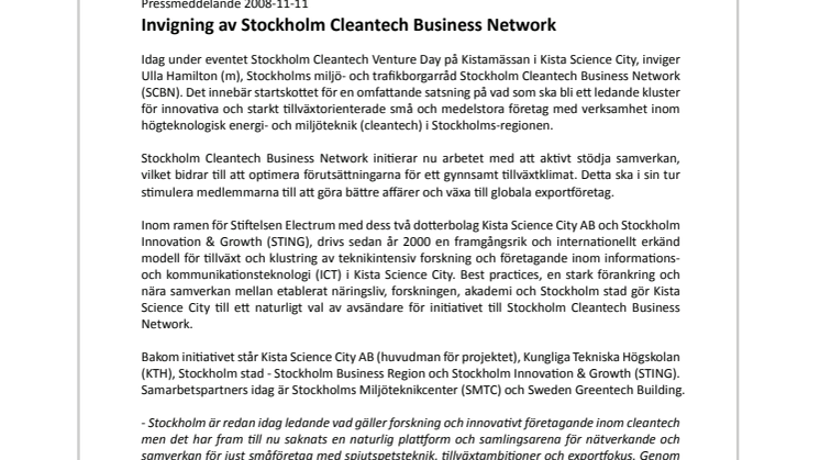 Stockholm Cleantech Business Network invigs idag
