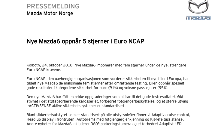 Nye Mazda6 oppnår 5 stjerner i Euro NCAP