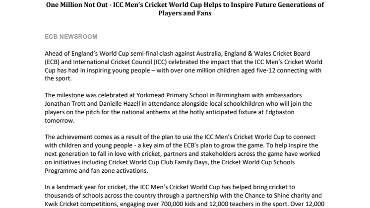 One Million Not Out - ICC Men’s Cricket World Cup Helps to Inspire Future Generations of Players and Fans