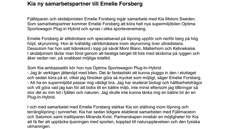 ​Kia ny samarbetspartner till Emelie Forsberg
