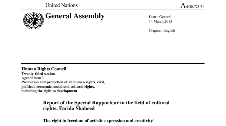 FN-rapport: The right to freedom of artistic expression and creativity (A/HRC/23/34)