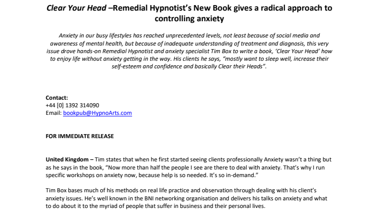 Clear Your Head –Remedial Hypnotist’s New Book gives a radical new approach to controlling anxiety