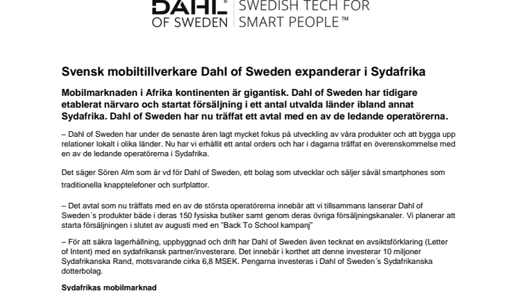 Svenska mobiltillverkaren Dahl of Sweden expanderar i Sydafrika