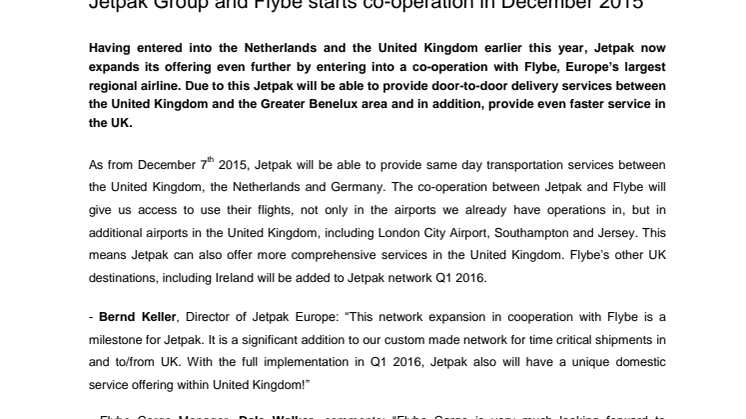 Jetpak Group and Flybe starts co-operation in December 2015