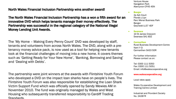 North Wales Financial Inclusion Partnership wins another award!