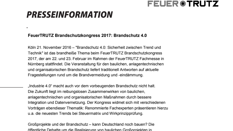 FeuerTRUTZ Brandschutzkongress 2017: Brandschutz 4.0