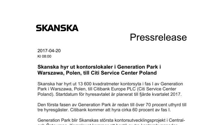 Skanska hyr ut kontorslokaler i Generation Park i Warszawa, Polen, till Citi Service Center Poland