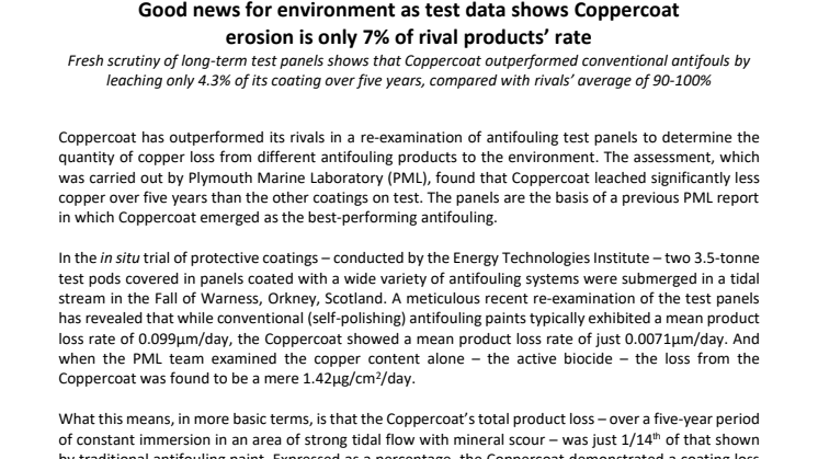 Good news for environment as test data shows Coppercoat erosion is only 7% of rival products’ rate