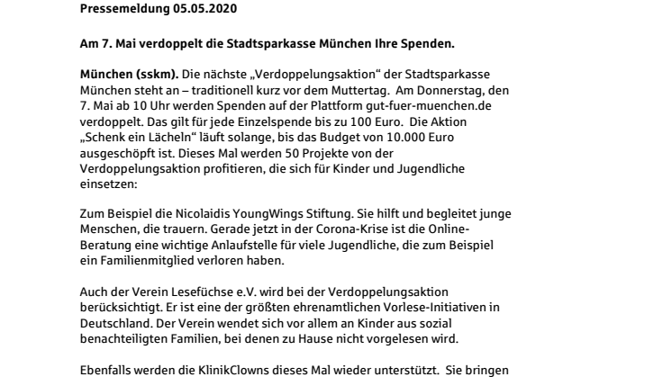 Am 7. Mai verdoppelt die Stadtsparkasse München Ihre Spenden.