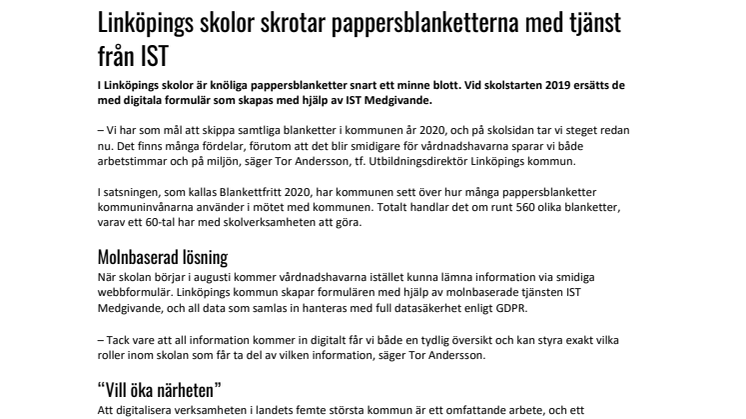 Linköpings skolor skrotar pappersblanketterna med tjänst från IST