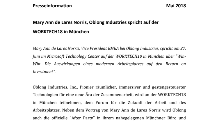 Mary Ann de Lares Norris, Oblong Industries spricht auf der WORKTECH18 in München