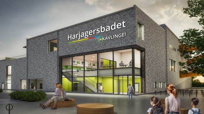 Visionsbild över entrén till Harjagersbadet - Kävlinge kommuns nya badhus. Bild: Norconsult AB