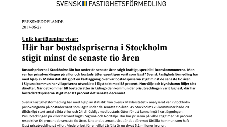 Unik kartläggning visar: Här har bostadspriserna i Stockholm  stigit minst de senaste tio åren