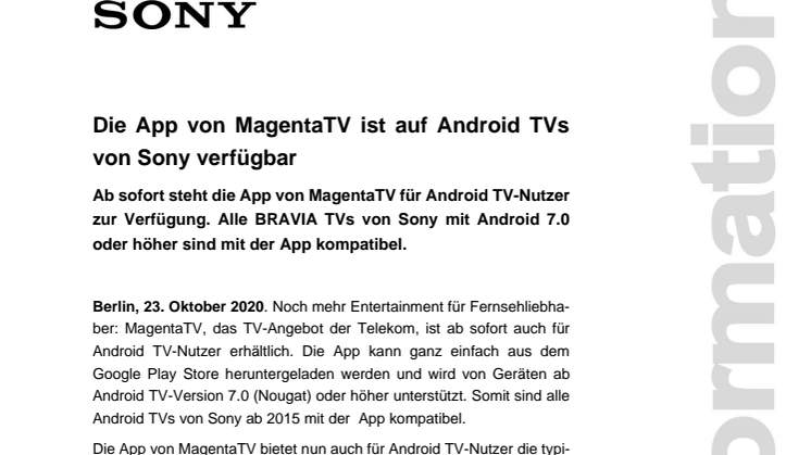 Die App von MagentaTV ist auf Android TVs von Sony verfügbar