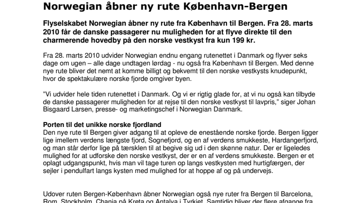 Norwegian åbner ny rute København-Bergen