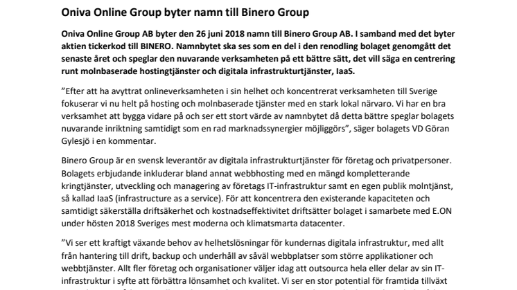 Oniva Online Group byter namn till Binero Group