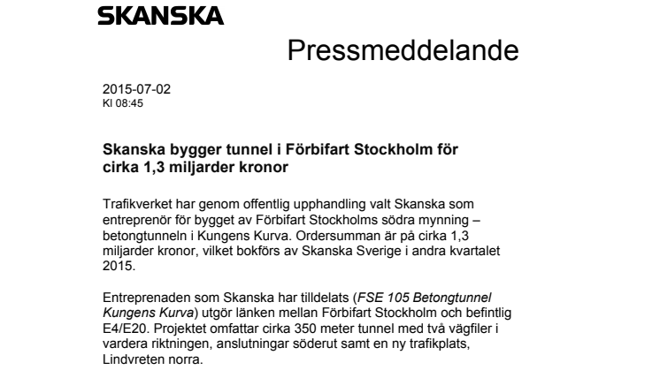Skanska bygger tunnel i Förbifart Stockholm för cirka 1,3 miljarder kronor