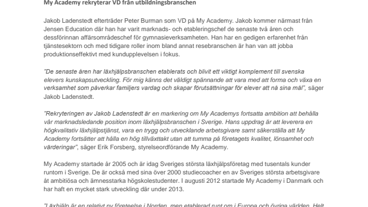 My Academy rekryterar VD från utbildningsbranschen