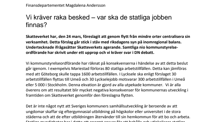 Kommunernas skrivelse till finansminister Magdalena Andersson
