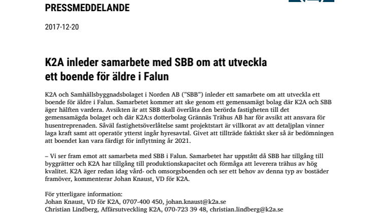 K2A inleder samarbete med SBB om att utveckla ett boende för äldre i Falun