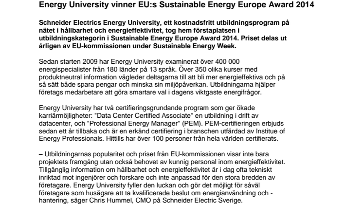 Energy University vinner EU:s Sustainable Energy Europe Award 2014