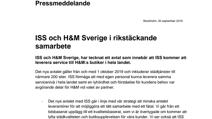 ISS och H&M Sverige i rikstäckande samarbete