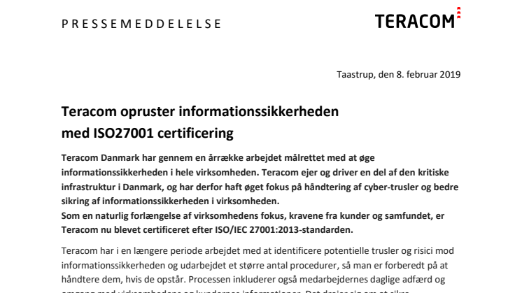 Teracom opruster informationssikkerheden  med ISO27001 certificering 