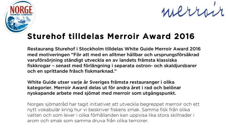 Sturehof tilldelas Merroir Award 2016