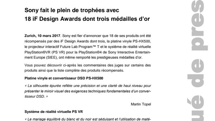 Sony fait le plein de trophées avec  18 iF Design Awards dont trois médailles d’or